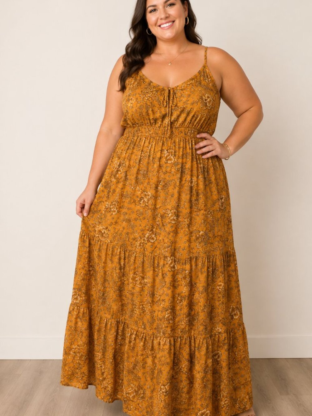 Dex Size 1x Sleeveless Mustard Floral Maxi Dress EUC